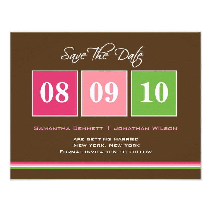 Date Blocks Save The Date Card   Fuchsia Green Announcement