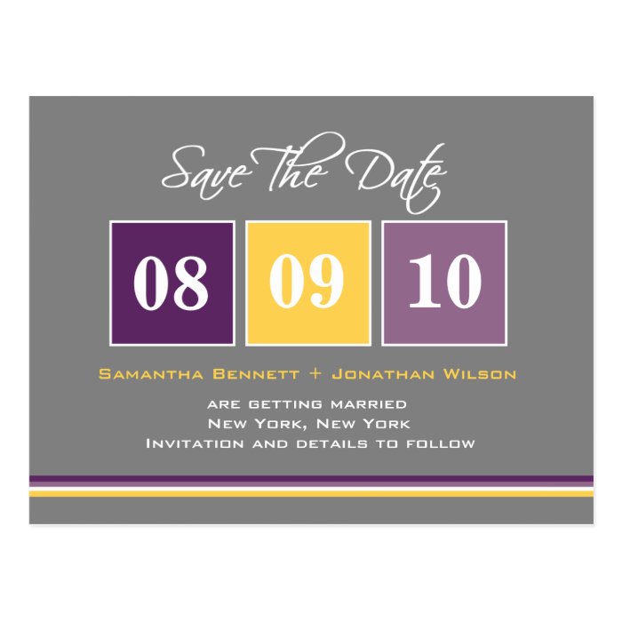 Date Blocks Save The Date   Purple/Yellow Post Cards