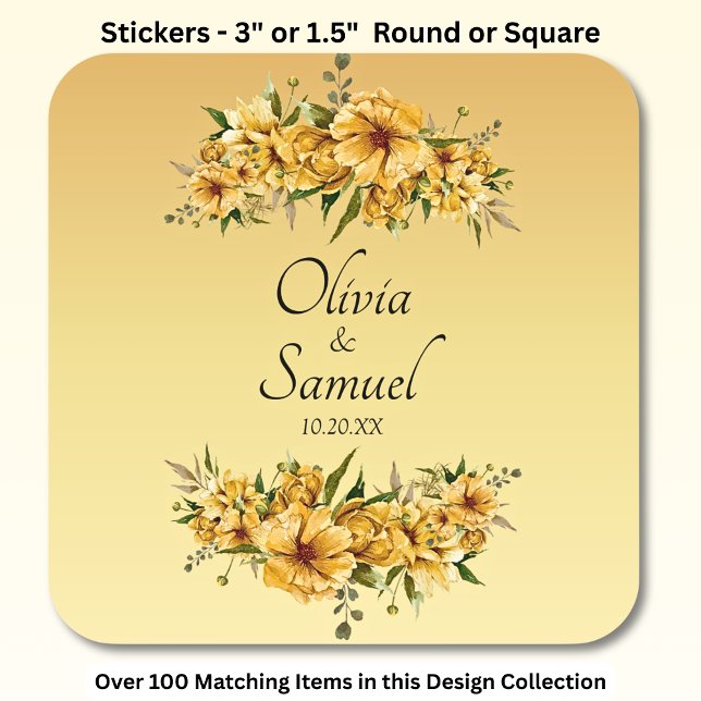 Date + Bride & Groom Names Golden Yellow Flowers Square Sticker (Creator Uploaded)