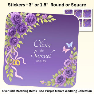Date + Bride, Groom Names Purple Mauve Flowers Square Sticker