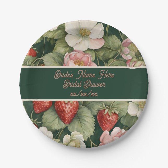 Date/Name "Berry in Love" Flowers and Strawberry Paper Plates (Front)