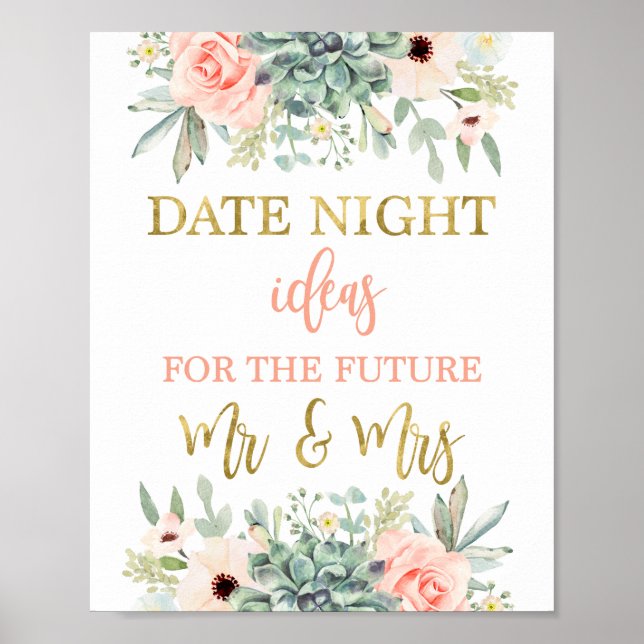 Date night ideas Bridal Shower succulents sign (Front)