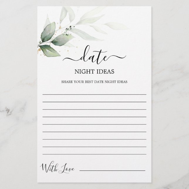 Date Night ideas greenery bridal shower card (Front)