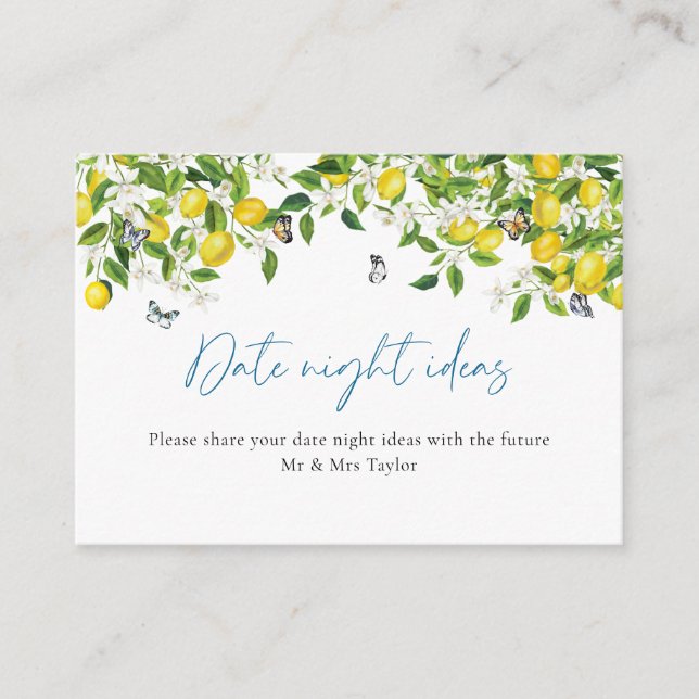 Date Night Ideas | Lemon Bridal Shower Enclosure Card (Front)