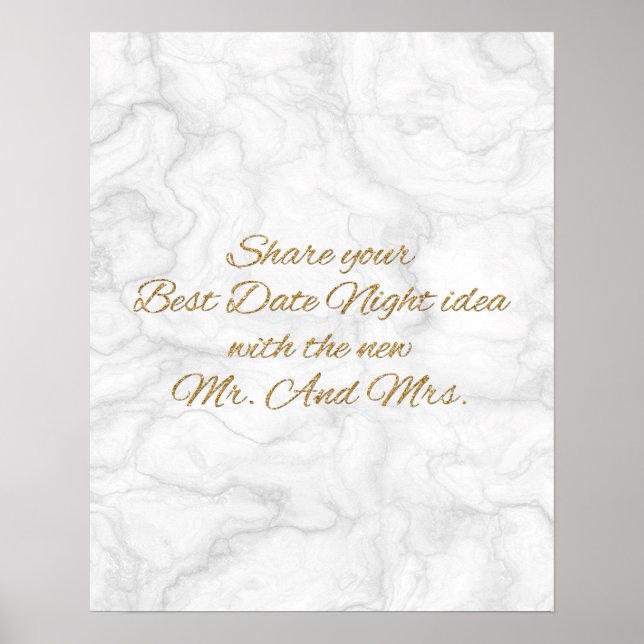 Date Night Ideas Sign Marble & Gold Bridal Shower (Front)