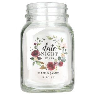 Date Night Rustic Watercolor Burgundy Floral Mason Jar