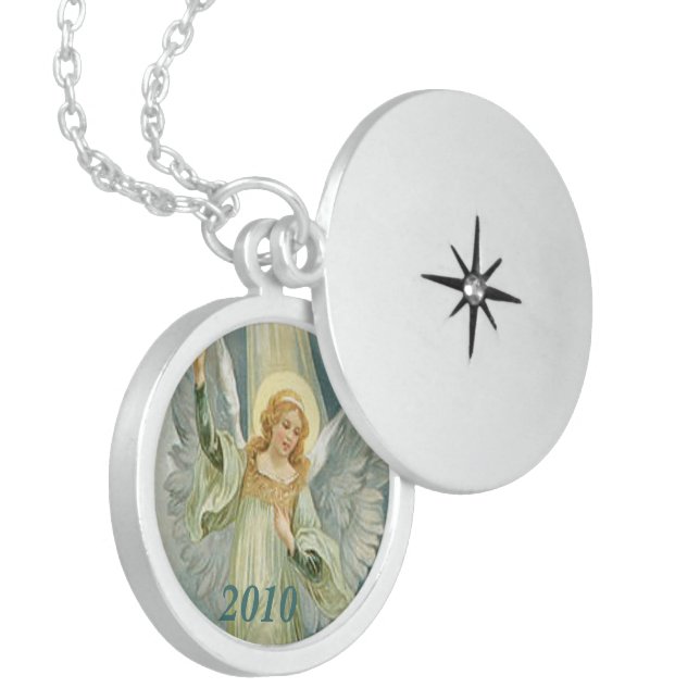 Date Year Christian Religious Spiritual Angel Locket Necklace (Front Left)