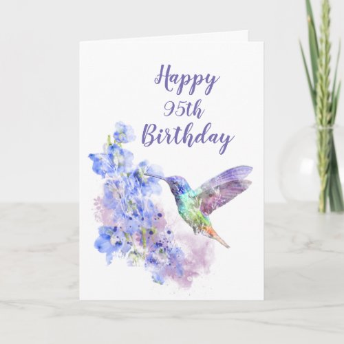 Dated 95th Birthday Hummingbird Bird Delphiniums Card
