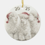 Dated Angora Goat  Trio Santa Hat Christmas Ceramic Ornament