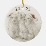 Dated Angora Goat  Trio Santa Hat Christmas Ceramic Ornament