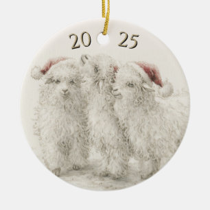 Dated Angora Goat Trio Santa Hat Christmas Ceramic Ornament