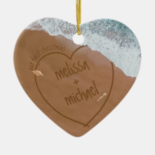 Dated Beach Our First Christmas With Names Ceramic Ornament