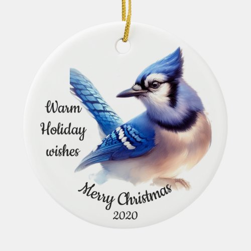 Dated Christmas Custom Watercolor Blue Jay Bird Ceramic Ornament