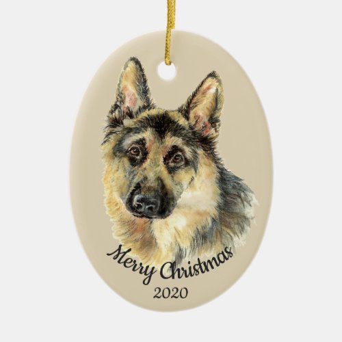 Dated Christmas Custom Watercolor German Shepherd Ceramic Ornament