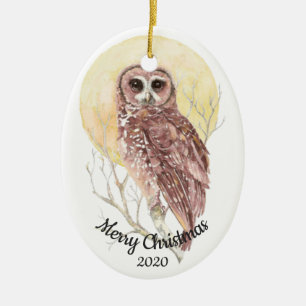 Dated Christmas Custom Watercolor Moon Owl Bird Ceramic Ornament