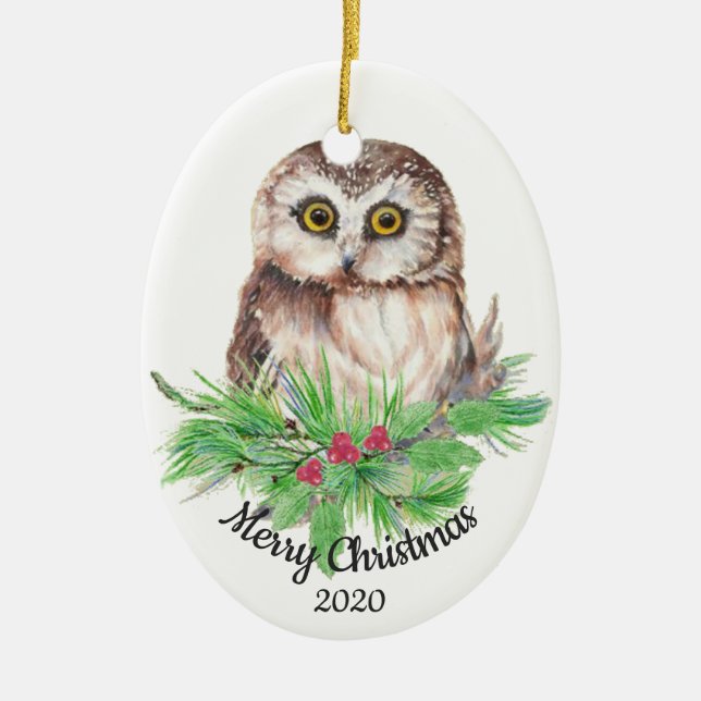 Dated Christmas Custom Watercolor Owl Bird Ceramic Ornament (Front)