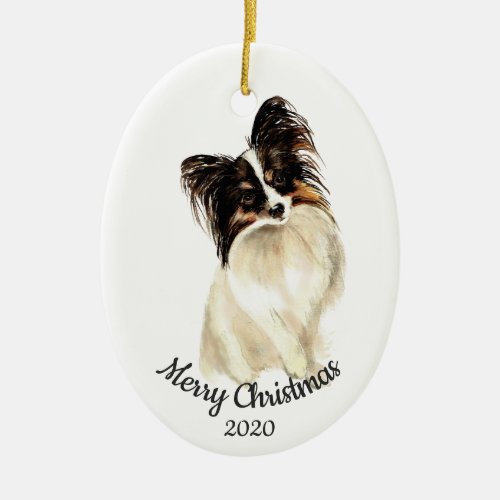 Dated Christmas Custom Watercolor Papillon Dog Ceramic Ornament