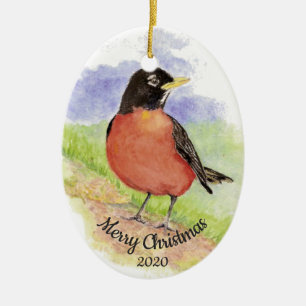 Dated Christmas Custom Watercolor Robin Bird Ceramic Ornament