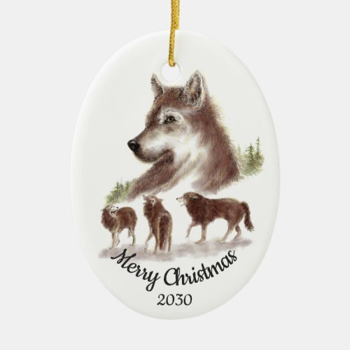Dated Christmas Custom Watercolor Wolves Art Ceramic Ornament