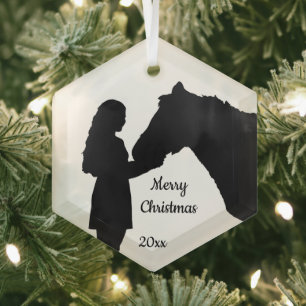 Dated Christmas Girl & Her Horse Love Silhouette Glass Ornament