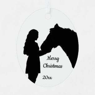 Dated Christmas Girl & Her Horse Love Silhouette Metal Ornament
