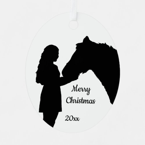 Dated Christmas Girl  Her Horse Love Silhouette  Metal Ornament