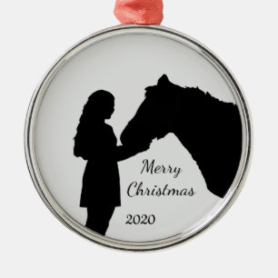Dated Christmas Girl & Her Horse Love Silhouette Metal Ornament