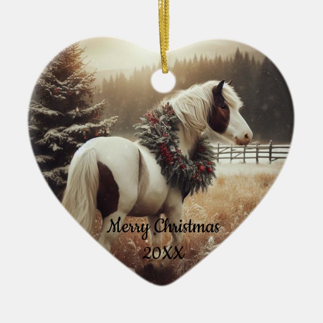 Dated Christmas Horse Love Art Ceramic Ornament (Front)