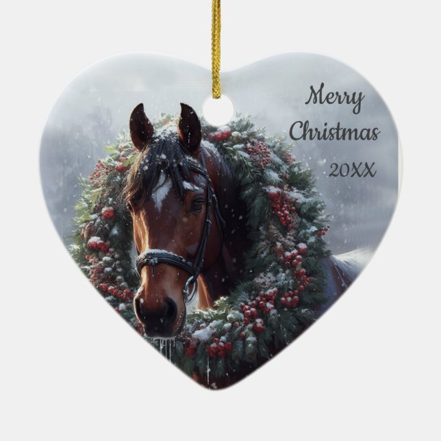Dated Christmas Horse Love Art Ceramic Ornament (Back)