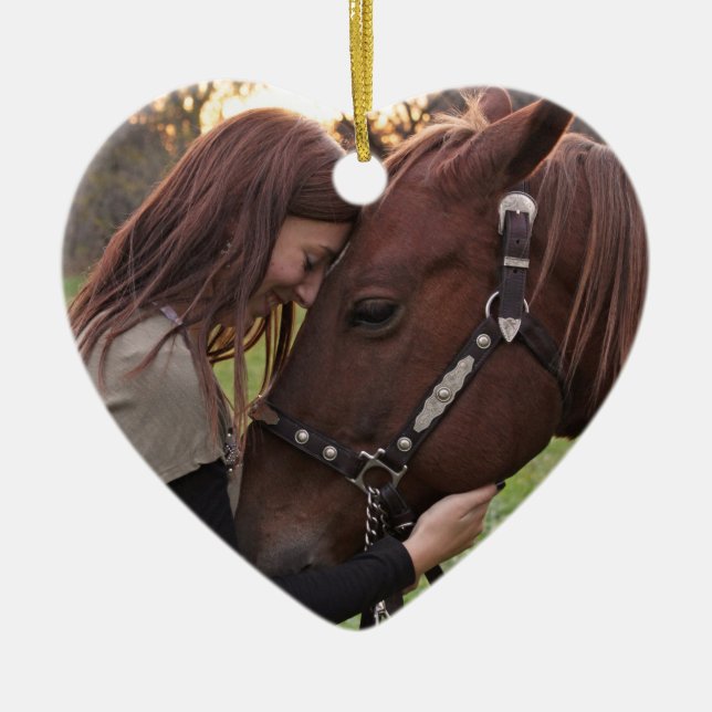 Dated Christmas Horse Lover Custom Photo Heart Ceramic Ornament (Front)