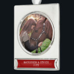 Dated Christmas Horse Photo Personalized Metallic Silver Plated Banner Ornament<br><div class="desc">Silver metallic personalized horse photo ornament with your names and year,  perfect for the horse owner,  lover,  or caretaker or as part of a horse-themed gift.</div>