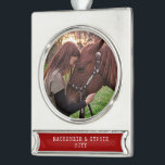 Dated Christmas Horse Photo Personalized Metallic Silver Plated Banner Ornament<br><div class="desc">Silver metallic personalized horse photo ornament with your names and year,  perfect for the horse owner,  lover,  or caretaker or as part of a horse-themed gift.</div>