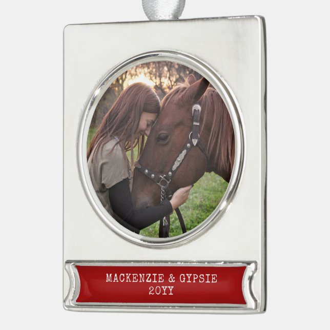 Dated Christmas Horse Photo Personalized Metallic Silver Plated Banner Ornament (Left)