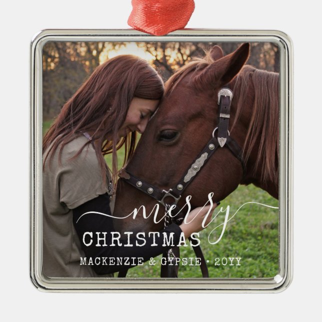Dated Christmas Horse Rider Personalized Square Metal Ornament (Front)
