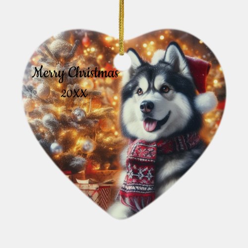 Dated Christmas Husky Dog Pet Ceramic Ornament