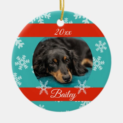 Dated Christmas Pet Photo Blue Holiday Snowflake Ceramic Ornament