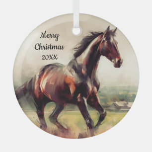 Dated Christmas Running Brown Horse Glass Ornament