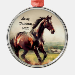 Dated Christmas Running Brown Horse Metal Ornament