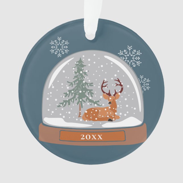 Dated Christmas Snow Globe with Deer, Personalized Ornament (Front)