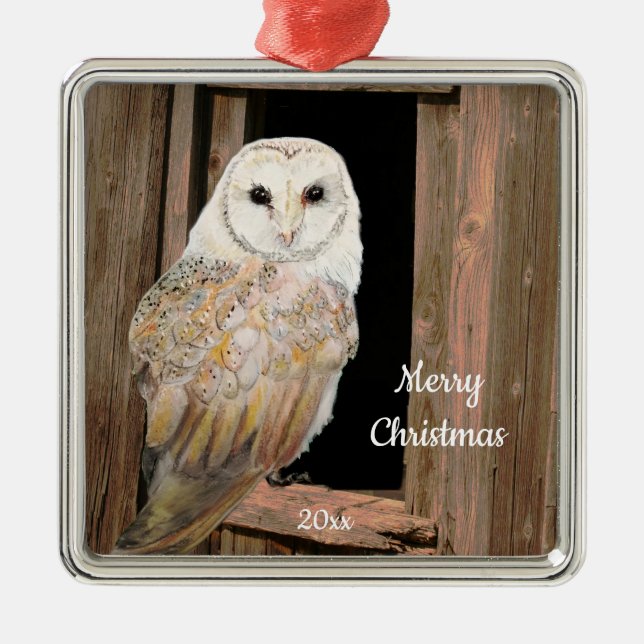 Dated Christmas Watercolor Barn Owl Bird  Metal Ornament (Front)