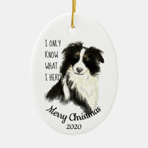 Dated Christmas Watercolor Border Collie Dog Quote Ceramic Ornament