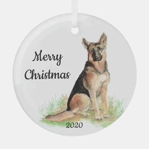  Dated Christmas Watercolor German Shepherd Dog  Glass Ornament