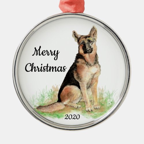  Dated Christmas Watercolor German Shepherd Dog Metal Ornament