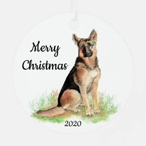  Dated Christmas Watercolor German Shepherd Dog Metal Ornament