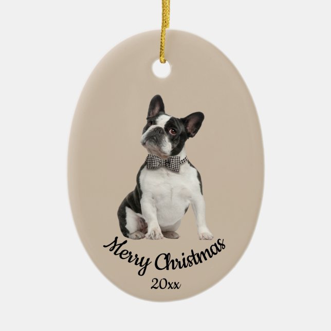 Dated Custom Photo Christmas Boston Terrier Dog  Ceramic Ornament (Front)