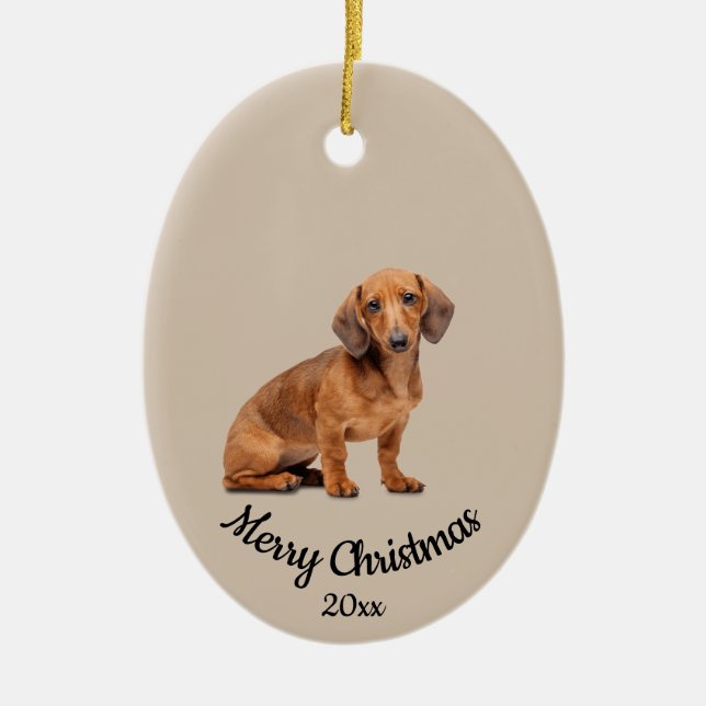 Dated Custom Photo Christmas Daschund Dog Pet  Ceramic Ornament (Front)