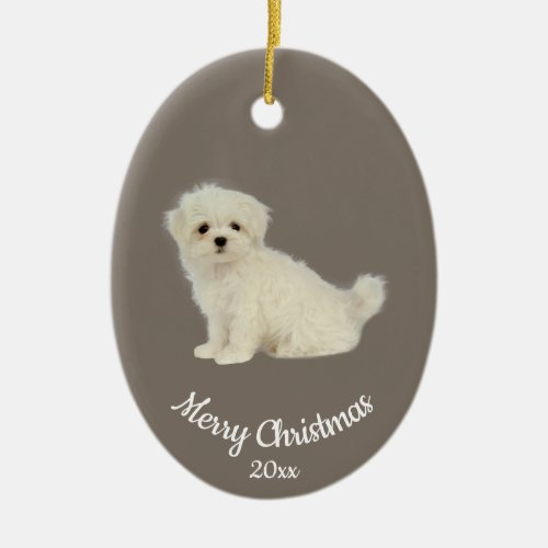 Dated Custom Photo Christmas Maltese Dog Pet Ceramic Ornament