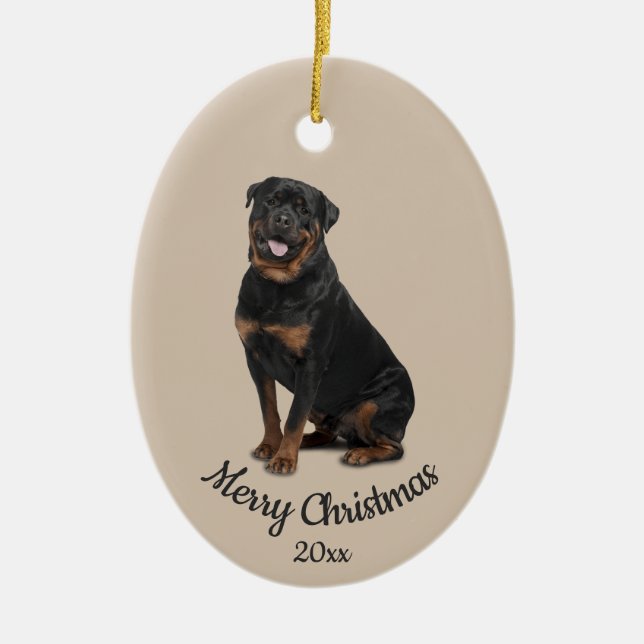 Dated Custom Photo Christmas Rotweiller Dog Pet Ceramic Ornament (Front)