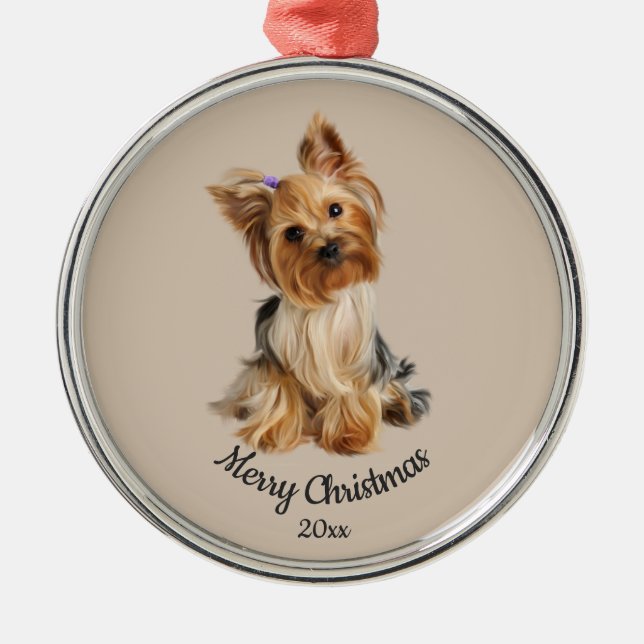 Dated Custom Photo Christmas Yorkie Dog pet Metal Ornament (Front)
