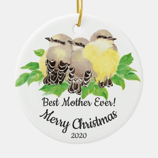 Dated Custom Watercolor Mother Quote Birds Ceramic Ornament (Front)